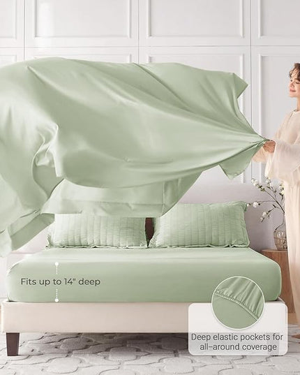 MUXHOMO 7 Pieces King Comforter Set, Seersucker Bed in a Bag King Size, All Season Luxury Bedding Set with Comforter, Flat Sheet, Fitted Sheet, Pillowcases & Shams, Light Green