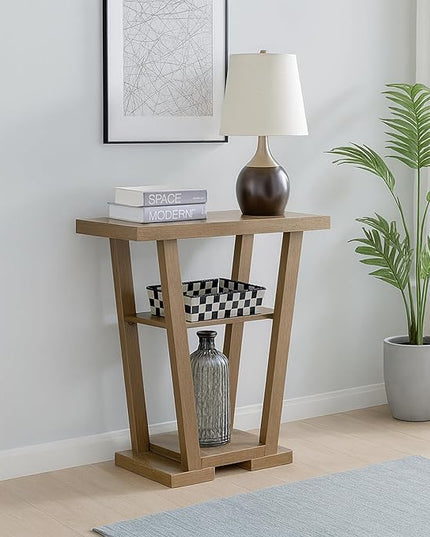 CARTESIAN Modern V-Shaped Console Table with 2 Shelves, Oak Wood Finish, 31.5 x 11.5 x 34 inches, Contemporary Entryway Sofa Table for Living Room