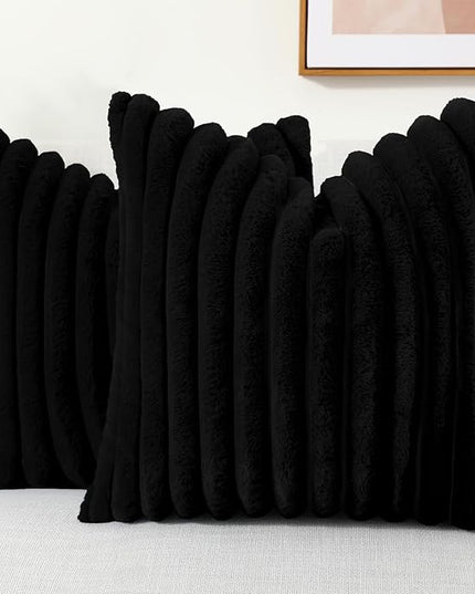 decorUhome Faux Fur Spring Throw Pillow Covers 24x24 Set of 2, Decorative Soft Plush Striped Neutral Couch Euro Pillow Covers with Velvet Back for Sofa, Bed, Living Room Home Decor, Black