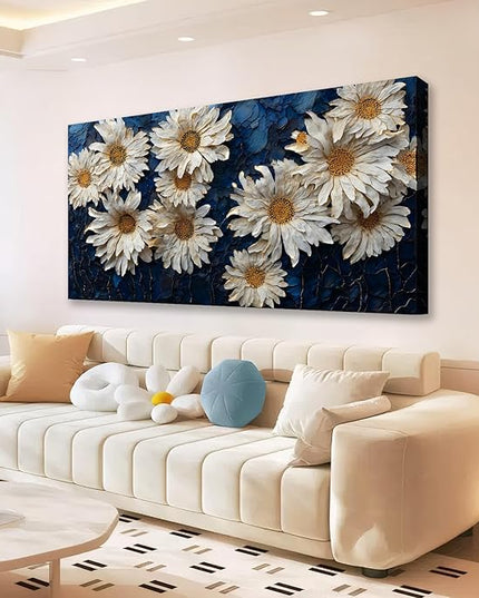 HUADAOART White Daisy Canvas Wall Art Navy Blue Background 40 x 20 inches Contemporary Floral Painting Living Room Bathroom Ready to Hang