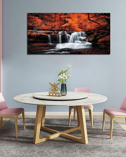yearainn Autumn Forest Canvas Wall Art Waterfall Picture Stream River Landscape Red Tree Modern Canvas Artwork Contemporary Nature Picture Living Room Bedroom Home Office Wall Decor 29" x 58"