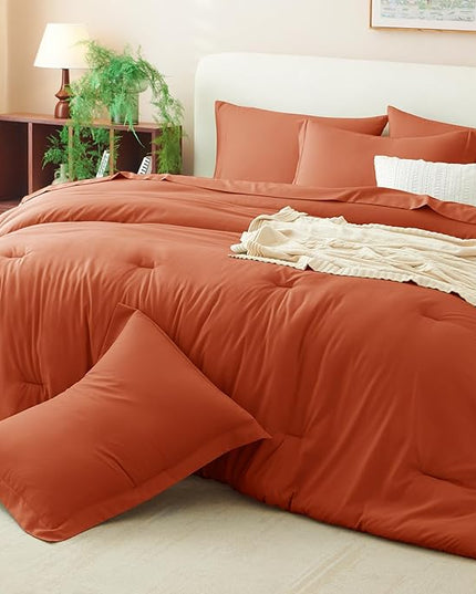 CozyLux King Comforter Set Burnt Orange, 7 Pieces Bed in a Bag Terracotta Comforter Set with Sheets, All Season Boho 7PC Bed Sets with Comforter, Fitted Sheet, Flat Sheet, Pillow Shams and Pillowcases