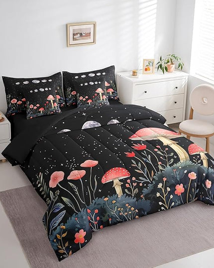 Feelyou Gothic Nature 7 Piece Bedding Set Queen Size Flower Mushroom Comforter Set with Sheets for Teens Boys Girls Bedroom Decor Rustic Garden Bed in a Bag Soft Reversible Bed Set