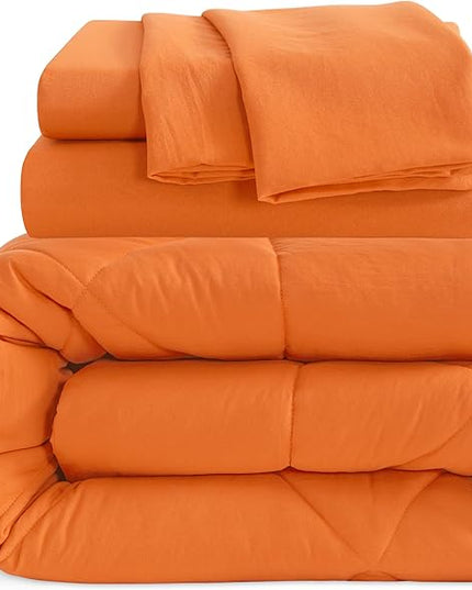 NTBAY Twin Comforter Set with Sheets, 5 Pieces Soft and Breathable Twin Bedding Set, Twin Bed in a Bag, Down Alternative Comforter Set Solid Color All Season, Kids Bedding Set, Orange