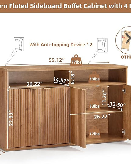 LEYAOYAO Fluted Buffet Cabinet with Storage, 55" Wide Wood Sideboard Credenza with 4 Doors & Open Storage Shelf, Modern Kitchen Console Accent Cabinets, Coffee Bar Table for Dining Room, Tea Brown