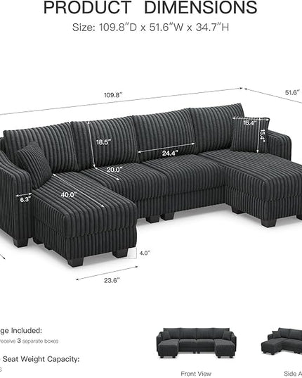 Belffin U Shaped Couch with Reversible Chaises Sectional Couches for Living Room Sectional Couch with Ottomans Corduroy (Dark Grey, U Shaped)