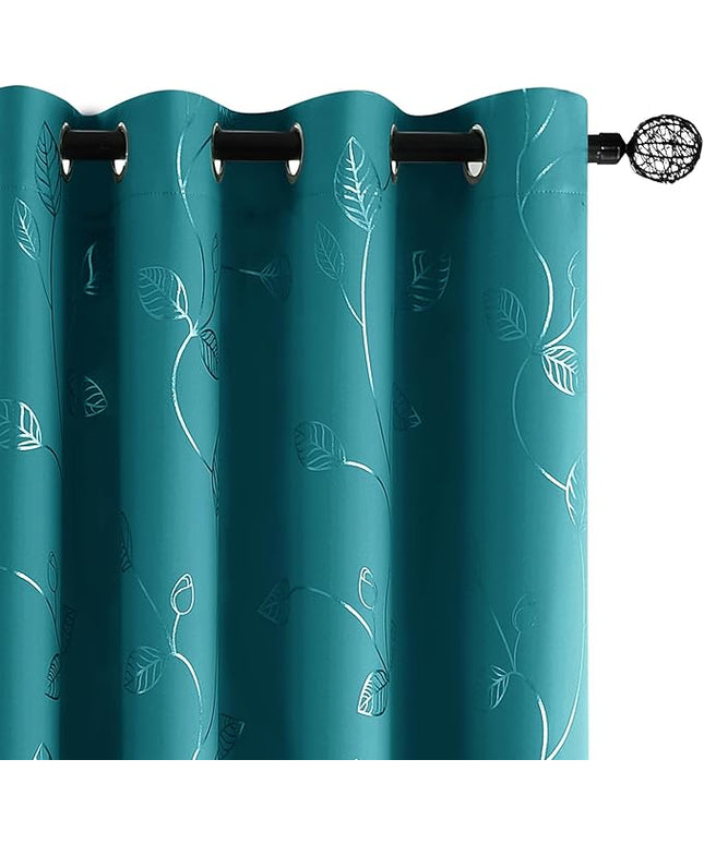 BUHUA White Black Out Curtains 84 Inch Long 2 Panels, Soundproof Curtains with Elegant Silver Leaf Print, Heat Blocking Curtains for Livingroom, 52W x 84L, Teal Blue