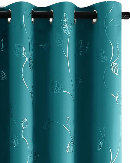BUHUA White Black Out Curtains 72 Inch Long 2 Panels, Soundproof Curtains with Elegant Silver Leaf Print, Heat Blocking Curtains for Livingroom, 52W x 72L, Teal Blue