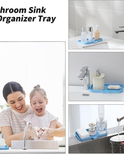 Silicone Bathroom Soap Dishes with Drain Spout-Bathroom and Kitchen Sink Organizer,Sponge Holder,Dish Soap Tray,Perfect for Dispenser,Scrubber,Bottle on Sink or Counter-Light Blue 9.6"×5.3"