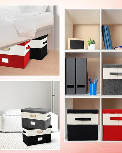 Large Linen Fabric Foldable Storage Bins with Removable Lid and Handles, Washable Storage Box Organizer Containers Baskets Cube with Cover for Bedroom,Office(Black&Cream, Large)