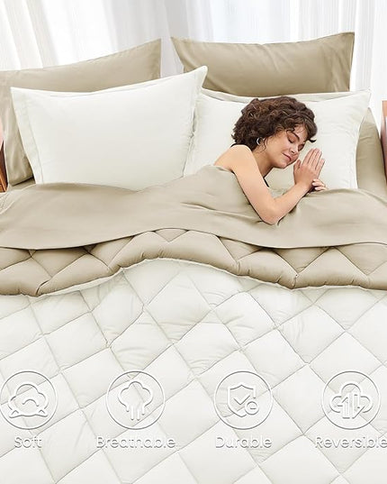 MUXHOMO 7 Pieces Full Comforter Set, Reversible Bed in a Bag Full Size, All Season Bedding Set with Comforter, Flat Sheet, Fitted Sheet, Pillowcases & Shams, Ivory & Khaki