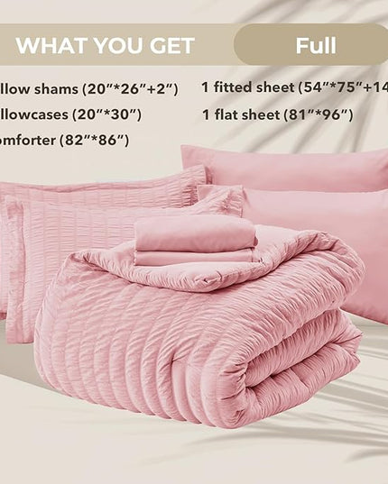 HYMOKEGE Pink Full Size Comforter Sets Seersucker 7 Pieces, All Season Luxury Bed in a Bag for Bedroom, Bedding Set with Comforters, Sheets, Pillowcases & Shams