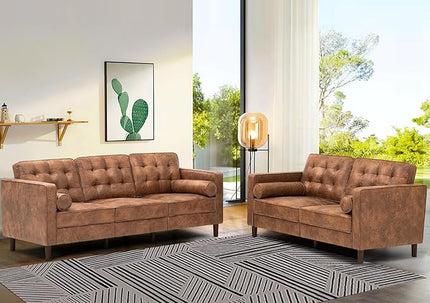 67" Suede Leather 2-seat Sofa with Two Bolster Pillows, Tufted Loveseat with Wooden Legs, Morden Sofa Suitable for Living Room, Office, Brown