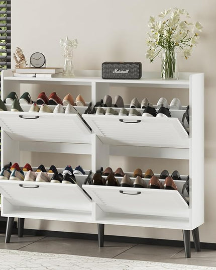 Maupvit Shoe Storage Cabinet with 4 Flip Louvered Doors, Freestanding Organizer with Metal Hinges ＆ Wooden Legs, Shoe Cabinet for Entryway, Narrow Shoe Rack Cabinet, White