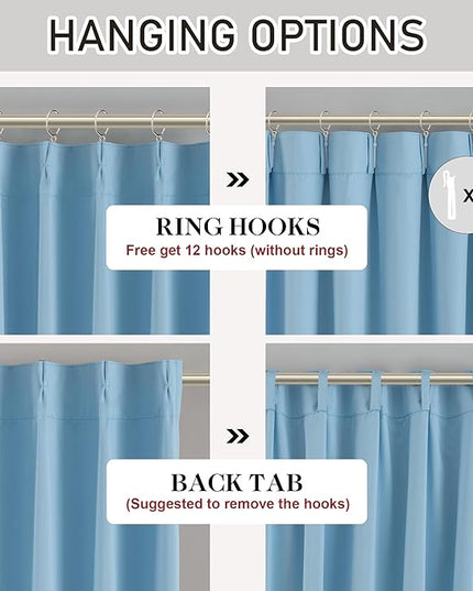 DONREN Light Blue Pinch Pleated Blackout Curtains with Hooks - 100 inch Length Room Darkening Thermal Insulated Window Curtain Panels for Living Room Bedroom 2 Panel 40" Wx100 L