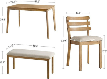 6 Piece Dining Table Set with Bench, Wooden Rectangular Kitchen Table and 4 Upholstered Chairs, Farmhouse Dining Room Furniture for Family Meals, Light Oak Finish