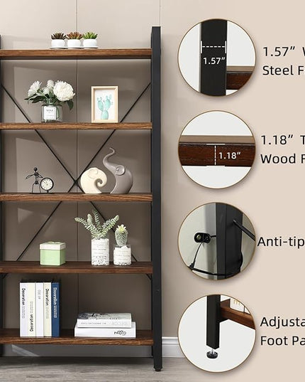 5 Tier Bookcase, Solid Wood Bookshelf Rustic Vintage Industrial Etagere Bookcase, Metal and Wood Free Vintage Bookshelf, Retro Brown (5-Tiers)