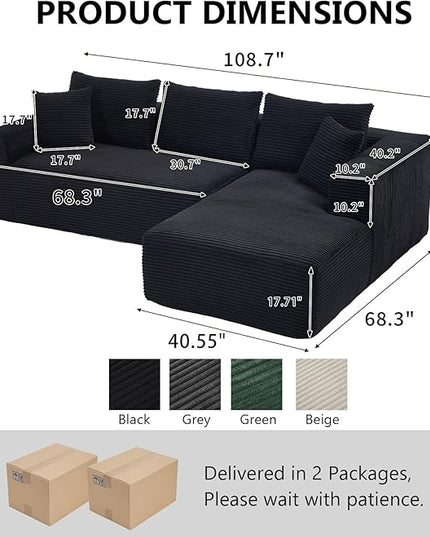 PELUMY 108.7" L-Shaped Modular Sectional Sofa with Oversized Chaise, Cloud Couch with Memory Foam, No Assembly Required Sleeper Sofa for Small Space Living Room, Apartment (Black, Corduroy)