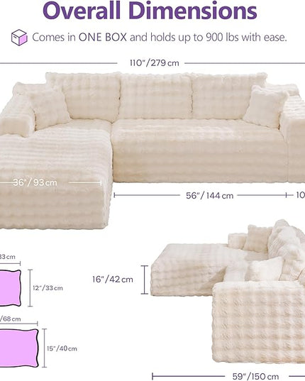 TYBOATLE 107’’ Boneless Slow-Rebound Memory Foam Couch, Cloud Sectional Couches for Living Room w/Upgraded Fabric, Deep Seat Comfy Fluffy L Shaped Modular Sectional Sofa