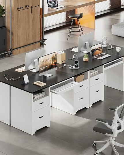 Bestier 59” Computer Desk with 4 Drawers, Office Desk with Storage, Modern Executive Desk with Charging Station, Keyboard Tray & Wooden Pedestals on Both Sides for Home Office & Studio, White