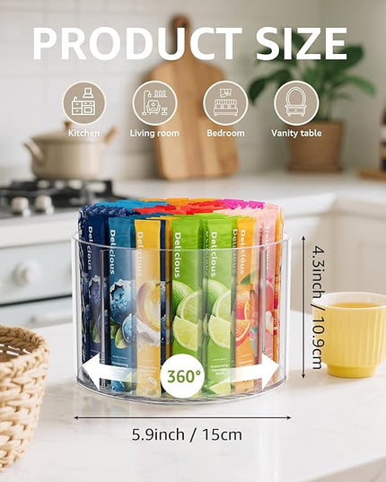 Divided Drink Packet Organizer, Rotating Turntable Organizer, Clear Lazy Susan for Powdered Drink Mix, Water Drink Packet Holder