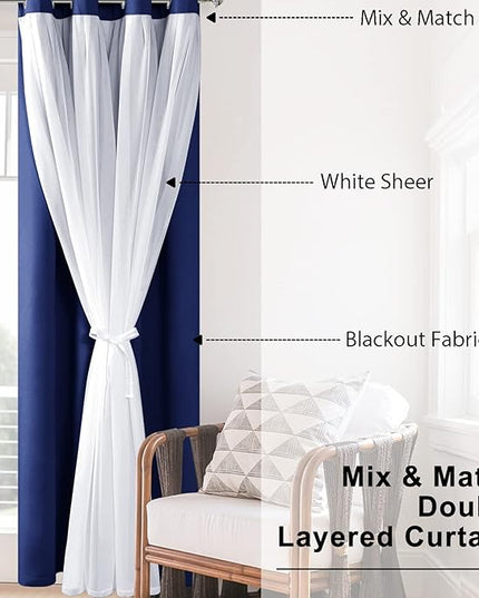 Hiasan Blackout Curtains with Sheer Overlay 84 Inches Long, Thermal Insulated Double Layer Window Curtains for Bedroom, Living Room, Nursery, 2 Panels Sewn with Tiebacks, Navy Blue, 70W X 84L