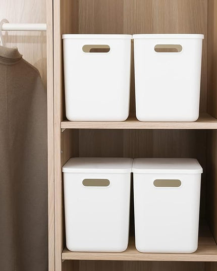 Plastic Storage Baskets Bins Boxes With Lids,Organizing Container White Storage Organizer Bins For Shelves Drawers Desktop Playroom Classroom Office,4-Pack