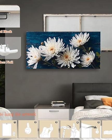 HUADAOART White Chrysanthemum Canvas Wall Art 40 x 20 inches Navy Blue Background Contemporary Floral Print Living Room Decor Ready to Hang