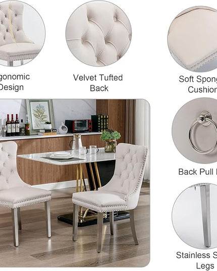 Glass Dining Table Set for 2, Square 36" Dining Table with Silver Cross Metal Leg, 2 Beige Velvet Dining Chairs with Stainless Steel Legs, Modern Glass Kitchen Table and Chairs Set for Small Space