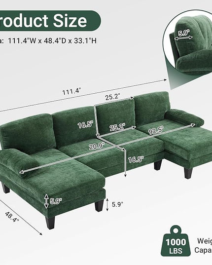 VINGLI 110" Sectional Couches for Living Room,U Shaped Couch with Double Chaise, 4-Seat Sofa Set with Chenille Fabric for Home Furniture,Forest Green