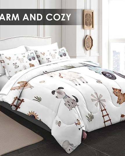 Comforter Set King Size, Farm Animal Cow 7 Pcs Bedding for Kids and Adults, Autumn Cute Tractor Bed Sheet Sets with Fitted Sheet 2 Pillowcases & 2 Shams for Bedroom Bed Decor