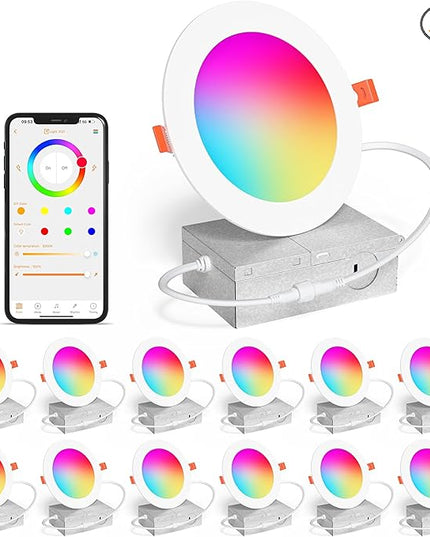 Smart Recessed Lighting 4 Inch RGBCW Color Changing 12W LED Downlight with Junction Box,1080 Lumen Recessed Ceiling Light Compatible with Alexa,Dimmable by Bluetooth Control -12Pack