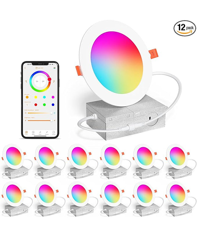 Smart Recessed Lighting 4 Inch RGBCW Color Changing 12W LED Downlight with Junction Box,1080 Lumen Recessed Ceiling Light Compatible with Alexa,Dimmable by Bluetooth Control -12Pack