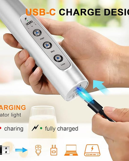 YUSWKO Rechargeable Milk Frother Handheld with 3 Heads, Silver Coffee Electric Whisk Drink Foam Mixer, Mini Hand Stirrer with 3 Speeds Adjustable for Latte, Cappuccino, Hot Chocolate, Egg