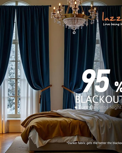 Lazzzy Velvet Blackout Curtains Thermal Insulated Room Window Drapes Super Soft Luxury Curtains for Living Room Bedroom Rod Pocket 2 Panels, Dark Blue, 52" W x 84" L