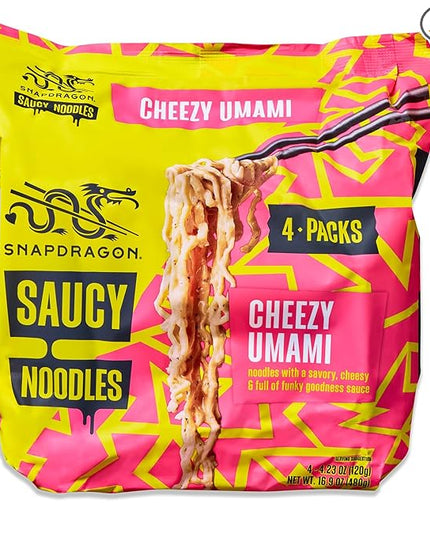 Snapdragon Saucy Instant Noodles with Cheezy Umami, Savory Slurpable Sauce - Quick Meal, Snack, and Lunch. 4-Pack Microwave Noodles for Cup, Bowl, Cheddar Cheese Ramen or Asian Stir Fry