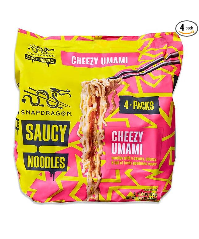 Snapdragon Saucy Instant Noodles with Cheezy Umami, Savory Slurpable Sauce - Quick Meal, Snack, and Lunch. 4-Pack Microwave Noodles for Cup, Bowl, Cheddar Cheese Ramen or Asian Stir Fry