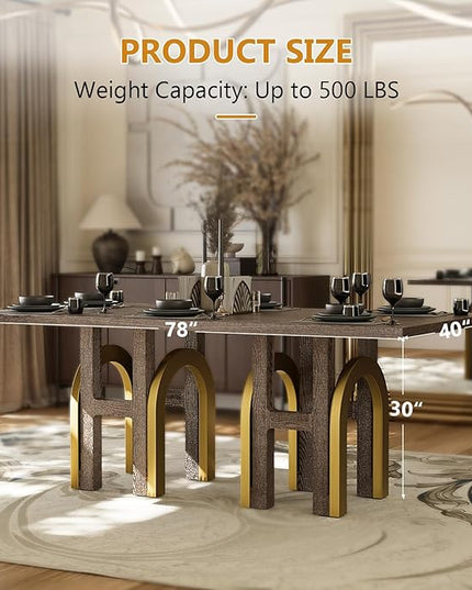 78" Solid Wood Dining Table for 6-8, Farmhouse Rectangular Wooden Dining Room Table with Rustic Brown Ash Wood & Brushed Gold Legs