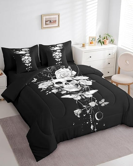 Feelyou 7 Piece Death Moth Bed in a Bag Queen Rustic Garden Flower Sheet Set Sun and Moon Galaxy for Boys Girls Kids Gothic Skull Skeleton Bedding Comforter Boho Style Cushion Covers