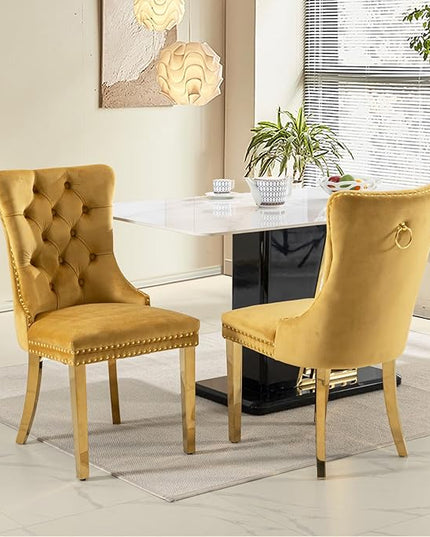 SoarFlash Velvet Dining Chairs Set of 2, Tall Back Side Chair, Modern Upholstered Side Chair with Button Back Ring, Gold Plated Stainless Steel Legs (Gold)
