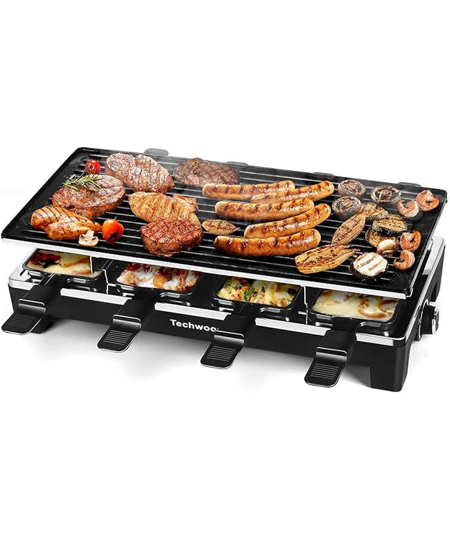 Raclette Table Grill, Techwood Electric Indoor Grill Korean BBQ Grill, Removable 2-in-1 Non-Stick Grill Plate, 1500W Fast Heating with 8 Cheese Melt Pans, Ideal for Parties and Family Fun (Black)