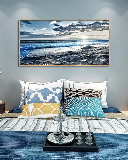 Wapluam Blue Beach Sun Ocean Landscape Wall Paintings Canvas Prints Wall Art For Living Room Large Size Wall Decor For Office Modern Bedroom Wood Framed Wall Decor Pictures Artwork Home Decorations
