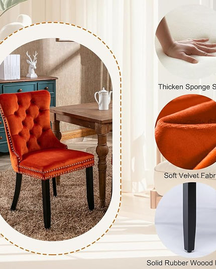 Modern 5-Piece Glass Dining Table Set for 4, Modern 60" Rectangle Black Glass Dining Room Table Set with Orange Velvet Tufted Chairs Wood Legs for Kitchen Dining Room