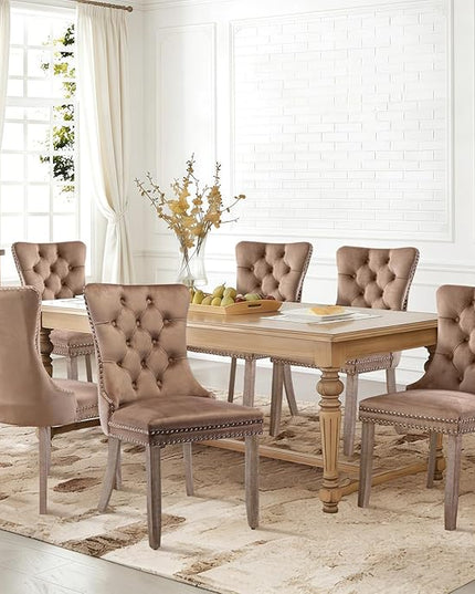 SoarFlash Velvet Dining Chairs Set of 6, Tall Back Side Chair, Modern Upholstered High-end Tufted Side Chair with Button Back Ring, Solid Wood Legs (Khaki)