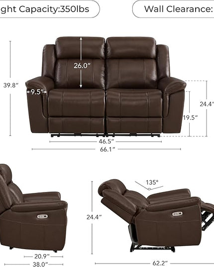 CHITA Genuine Leather Power Recliner Sofa, Wall Hugger Reclining Loveseat with Power Headrest, Charging Ports, Reclining Sectional Couch for Living Room, RV, Dark Brown