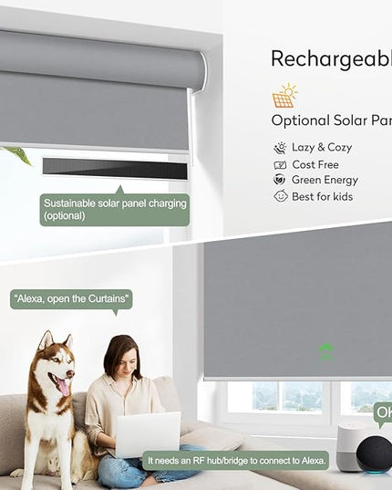 ZSHINE Motorized Blackout Window Blinds Customize Width Remote Control Rechargeable Motor Roller Shades for Windows, Home, Office, Hotel, Club, Restaurant(82026F)
