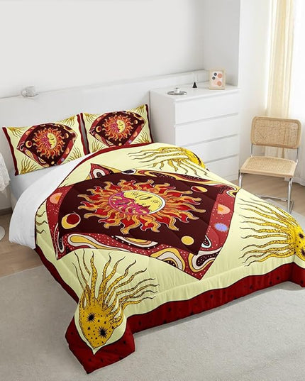 Sun Moon Kids Comforter Set Twin Size,Starry Sky Galaxy Psychedelic Bedding Set,Boys Girls Adults Room Decor,Bohemia Exotic Geometric Creative Down Comforter,Red Retro Duvet Insert,1 Pillowcase