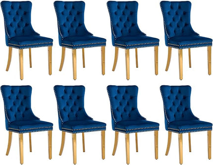 SoarFlash Velvet Dining Chairs Set of 8, Tall Back Side Chair, Modern Upholstered Side Chair with Button Back Ring, Gold Plated Stainless Steel Legs (Blue)