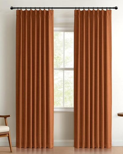 100% Blackout Shield Linen Look Textured Pinch Pleated Curtains Blackout Drapes 96 Inch Long 2 Panels Set, Faux Linen Blackout Curtains for Bedroom & Living Room, 40" W x 96" L, Burnt Orange
