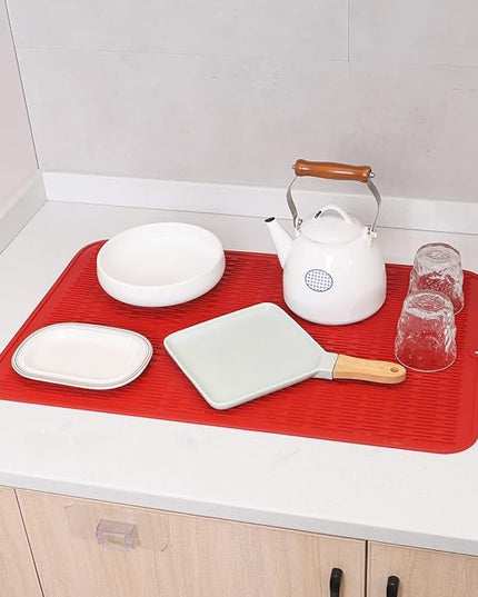 Silicone Dish Drying Mat for Multiple Usage,Easy clean,Eco-friendly,Heat-resistant Silicone Mat for Kitchen Counter or Sink,Refrigerator or Drawer Liner Red 3XL 28 inches x 18 inches